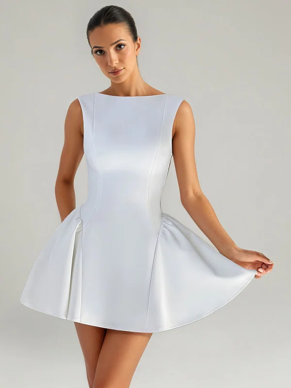 White Scoop Neck Satin Skater Mini Dresses PT02028877