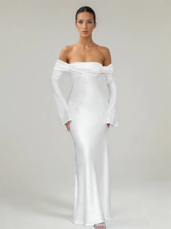 Sheath/Column Off-the-shoulder Satin Ruched Maxi Dresses PT02028899