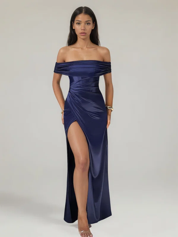 Sheath/Column Off-the-shoulder Satin Ruched Maxi Dresses PT02028902