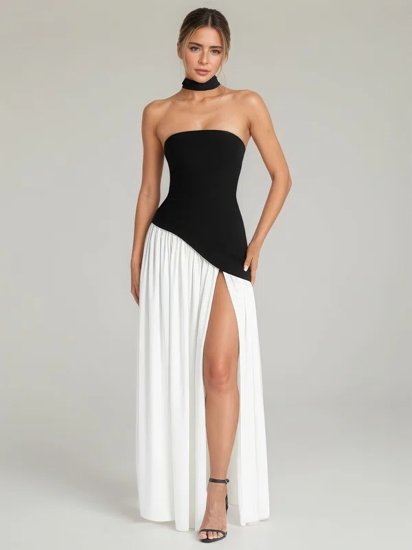 A-line Halter Jersey Split Front Maxi Dresses PT02028905
