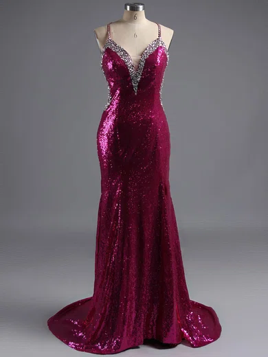 Sheath/Column Sweetheart Sequined Sweep Train Split Front Prom Dresses #UKM02015258