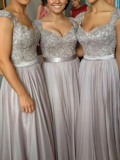 A-line V-neck Chiffon Floor-length Beading Prom Dresses #02015284