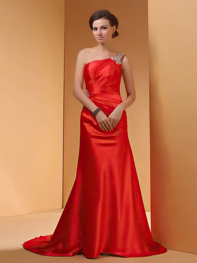 A-line Silk-like Satin One Shoulder Beading Sweep Train Prom Dresses #02014449