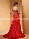 A-line Silk-like Satin One Shoulder Beading Sweep Train Prom Dresses #02014449