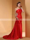 A-line Silk-like Satin One Shoulder Beading Sweep Train Prom Dresses #02014449
