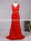 Trumpet/Mermaid V-neck Lace Sweep Train Appliques Lace Prom Dresses #02014905