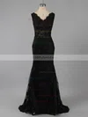 Trumpet/Mermaid V-neck Lace Sweep Train Appliques Lace Prom Dresses #02014905