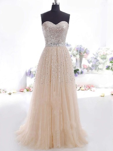 Ball Gown Sweetheart Tulle Sweep Train Crystal Detailing Prom Dresses #02016059