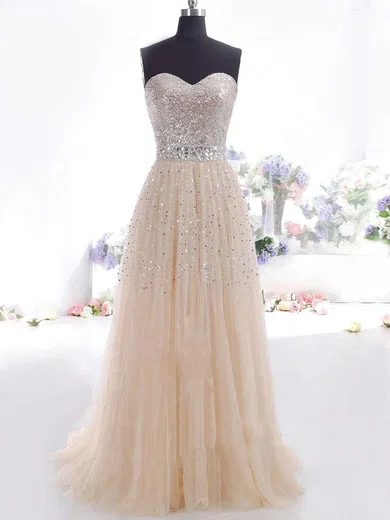 Ball Gown Strapless Tulle Beaded Prom Dresses With Ruched #02016059