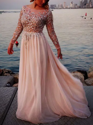 A-line Scoop Neck Tulle Chiffon Sweep Train Beading Prom Dresses #02016063