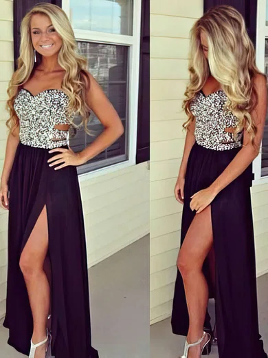 A-line Sweetheart Chiffon Floor-length Beading Prom Dresses #02016065