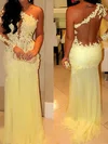 Sheath/Column One Shoulder Chiffon Sweep Train Appliques Lace Prom Dresses #02016068