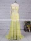 Trumpet/Mermaid One Shoulder Chiffon Sweep Train Appliques Lace Prom Dresses #02016068