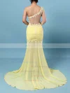 Trumpet/Mermaid One Shoulder Chiffon Sweep Train Appliques Lace Prom Dresses #02016068