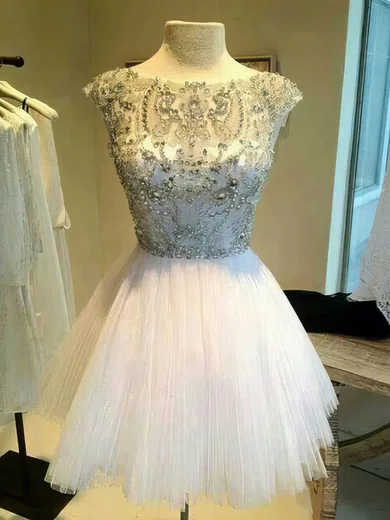 A-line Scoop Neck Tulle Short/Mini Beading Prom Dresses #02016905
