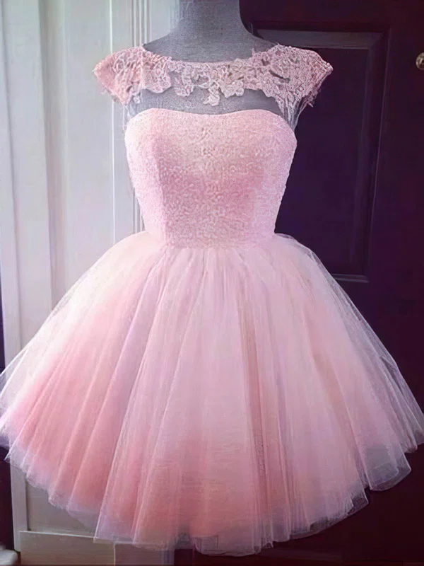A-line Scoop Neck Tulle Short/Mini Appliques Lace Prom Dresses #02016906
