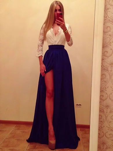 A-line V-neck Silk-like Satin Floor-length Lace Prom Dresses #02016899