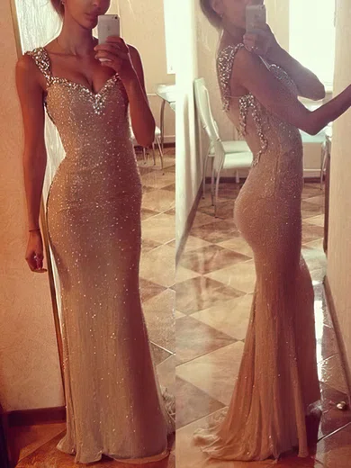 Sheath/Column V-neck Sequined Floor-length Beading Prom Dresses #02016911