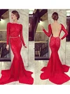 Trumpet/Mermaid Scoop Neck Lace Sweep Train Sashes / Ribbons Prom Dresses #02016939