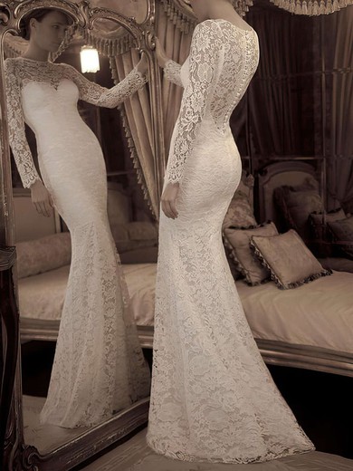 Trumpet/Mermaid Scoop Neck Lace Sweep Train Wedding Dresses With Buttons #02016861